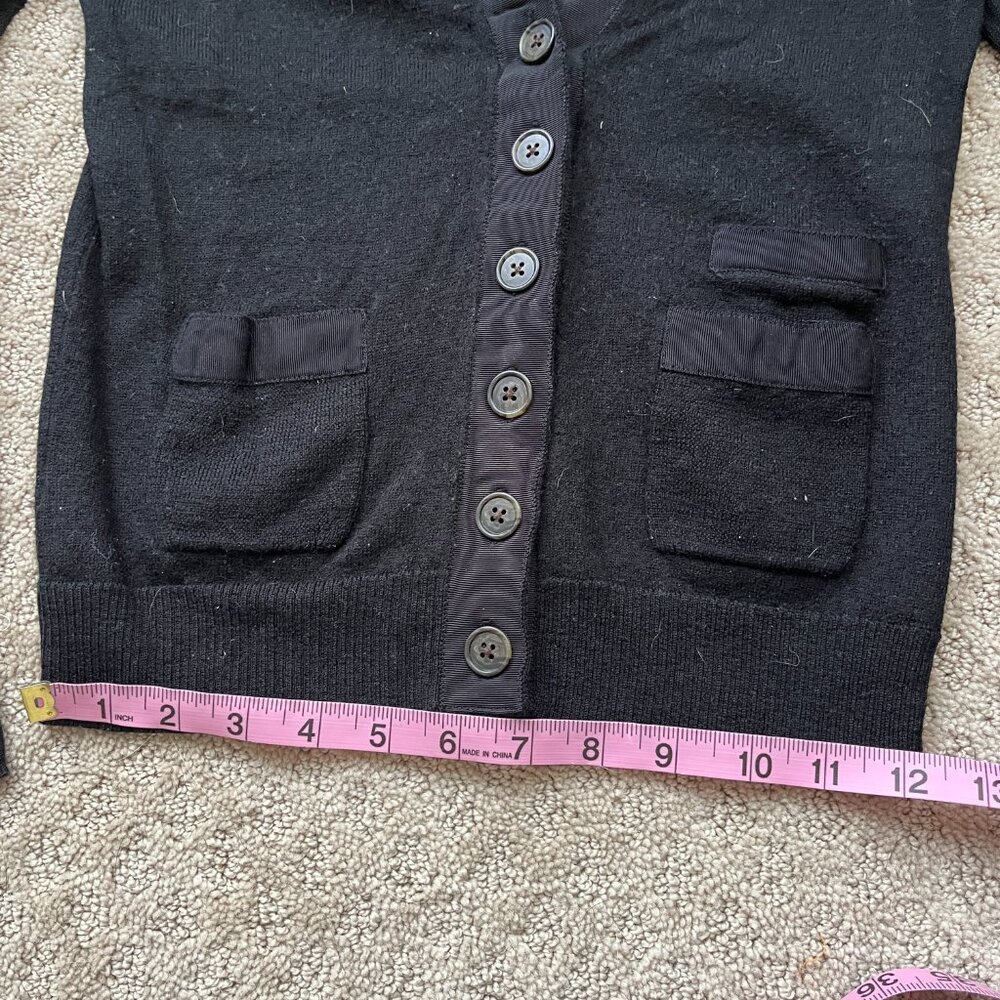 J. Crew Cardigan Black V Neck Pockets Merino Wool Tight Knit Ribbon Trim Size XS - Picture 9 of 10